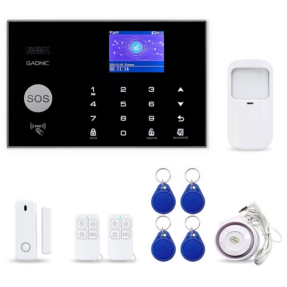Kit Alarma Domiciliaria Gadnic Inalámbrica GSM con pantalla LED — Kit completo: panel, sensores, controles y llaves magnéticas