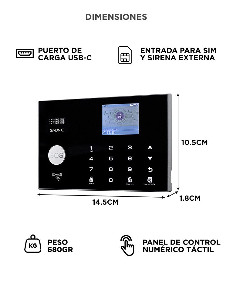 Kit Alarma Domiciliaria Gadnic Inalámbrica GSM con pantalla LED — Panel de 14,5 x 10,5 x 1,8 cm con carga USB-C y entrada SIM